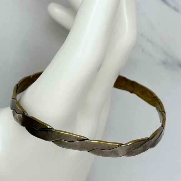 Vintage Mexico Silver Braided Bangle ✨ Flat Woven Design Boho Bracelet 🌵 - Picture 1 of 9